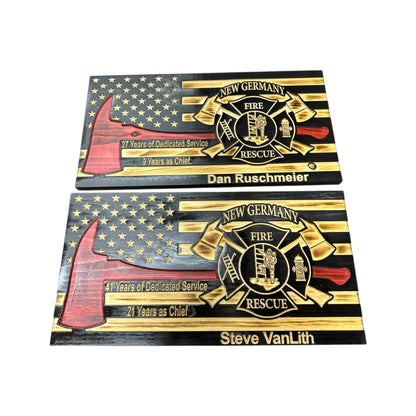 thin red line american wooden flag with firefighter axe and custom maltese cross