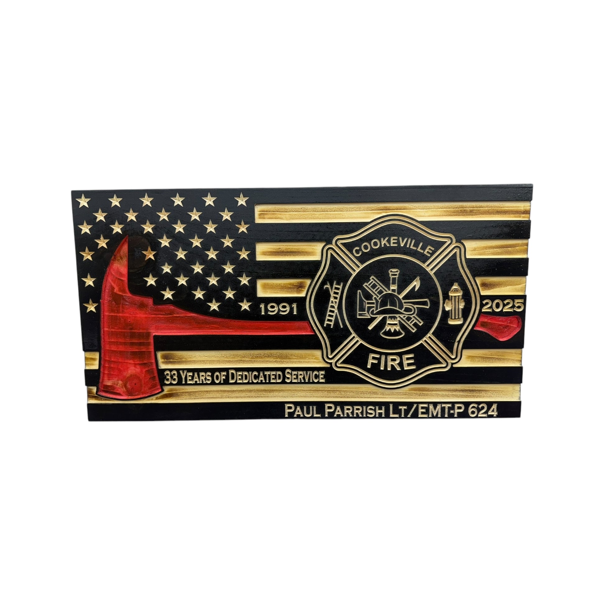 thin red line american wooden flag with firefighter axe and custom maltese cross