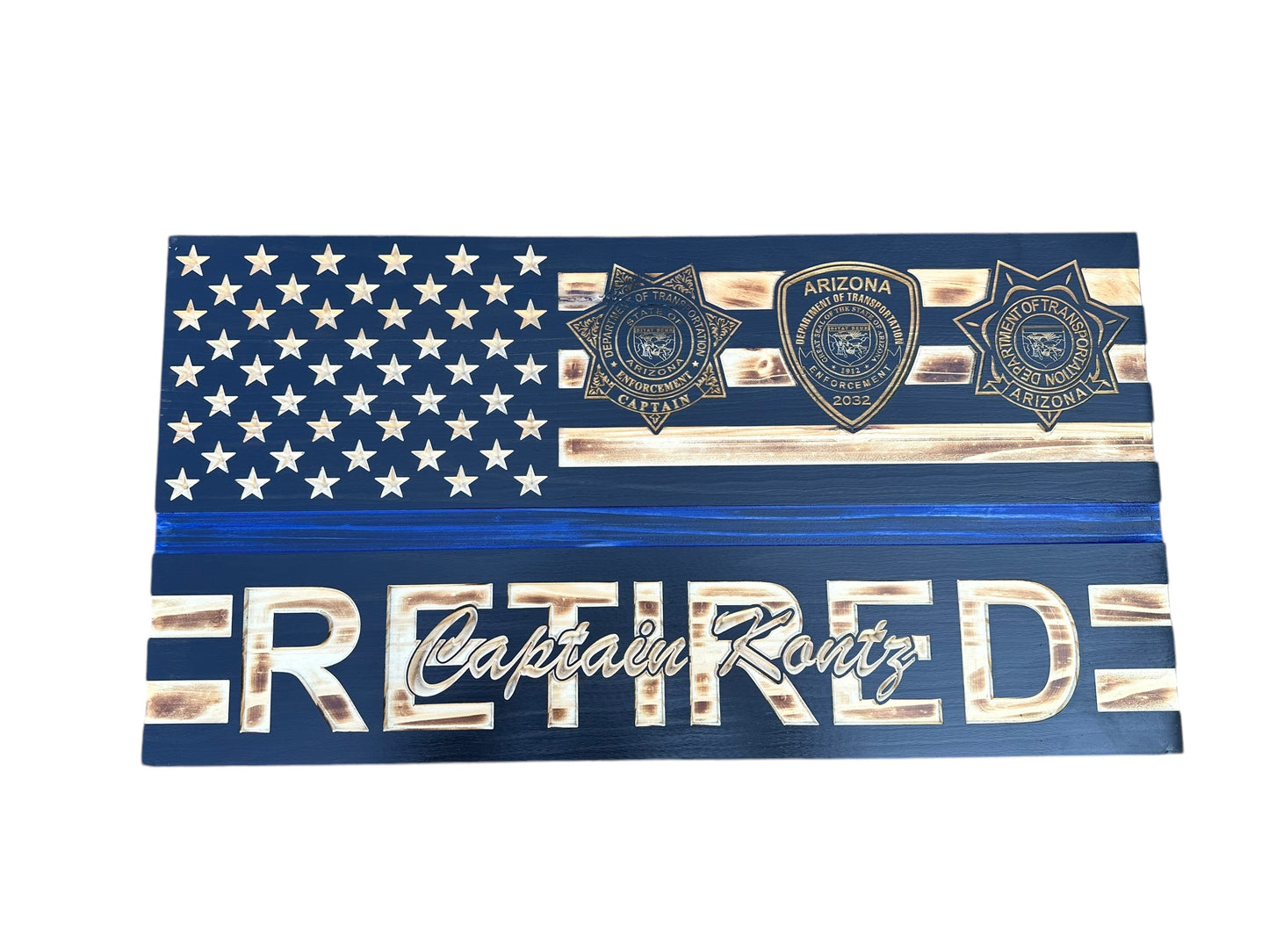 Custom Wooden Retirement American Flag with Personalized Engraving and Badges