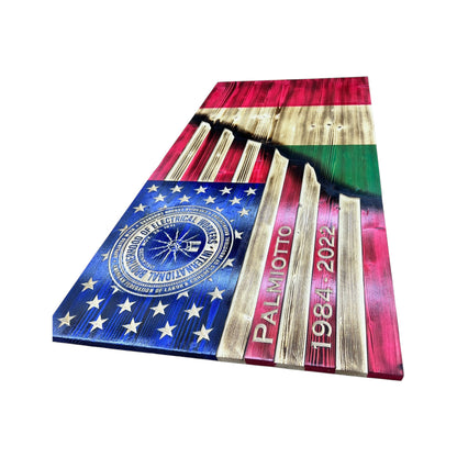 Custom Split American Flag with Engraved Badges and Personalization