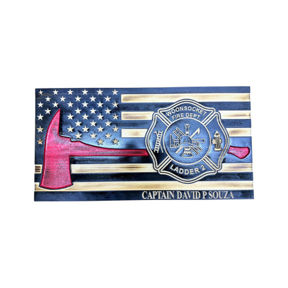 thin red line american wooden flag with firefighter axe and custom maltese cross