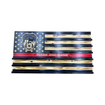 wooden thin red line american flag with a custom logo engraving in the stars union and personalization on the red line