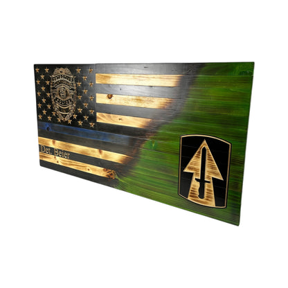 Custom Split American Flag with Engraved Badges and Personalization