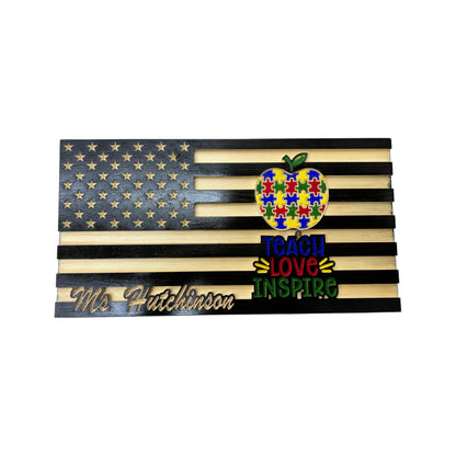 wooden american flag with teach love inspire engraving and personalization 