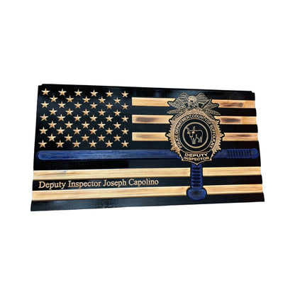 wooden thin blue line american flag with police baton and custom police shield with personalization engraved