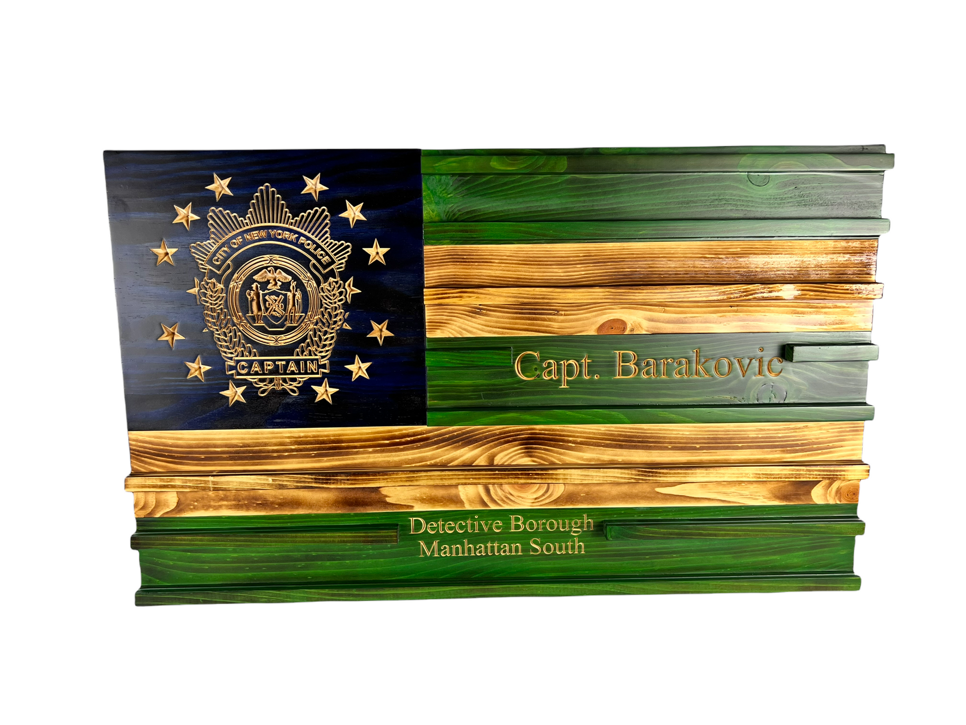 Personalized NYPD wooden American flag wall art with challenge coin display option
