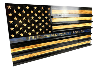 american thin blue line flag with personalization on the blue line and challenge coin shalves 