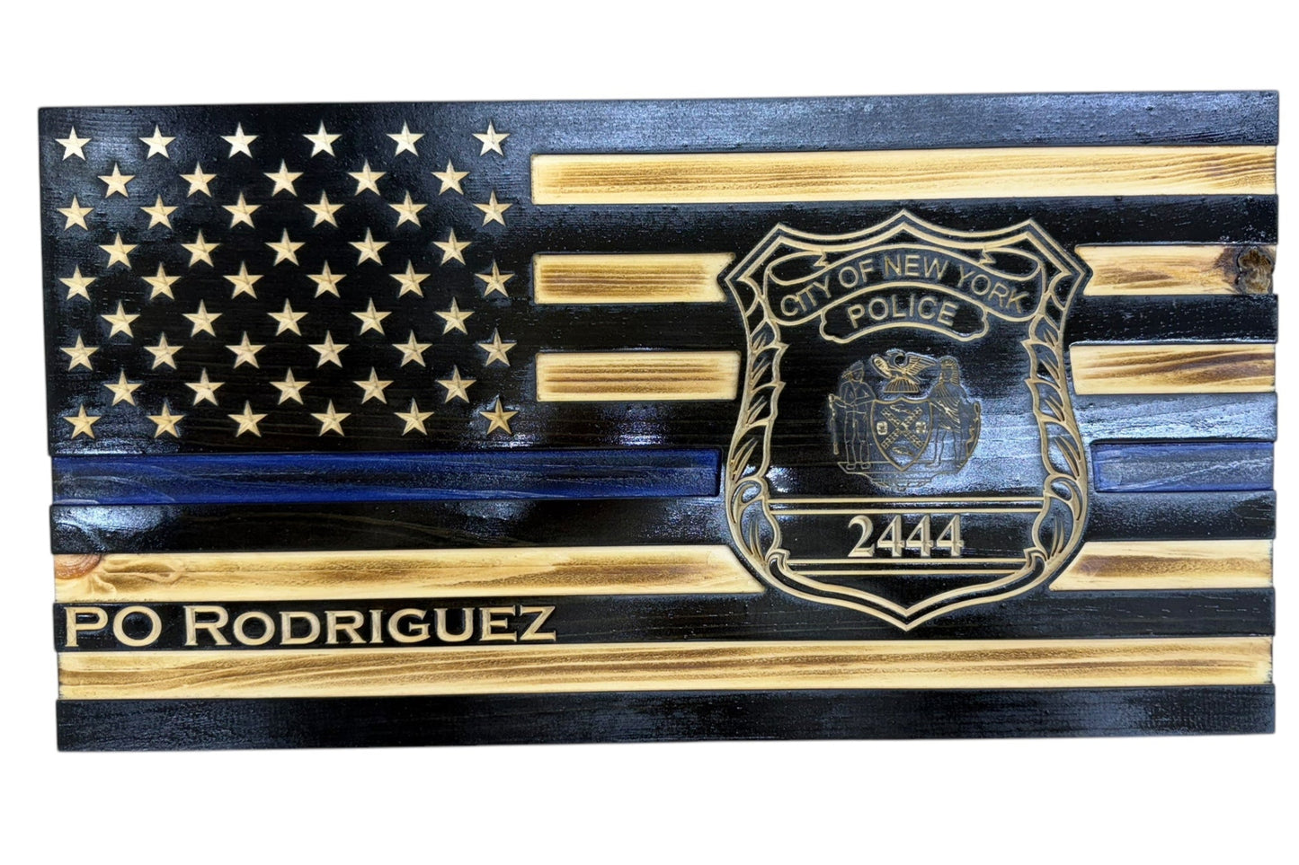 thin blue line american wooden flag with custom police badge engraving and personalization