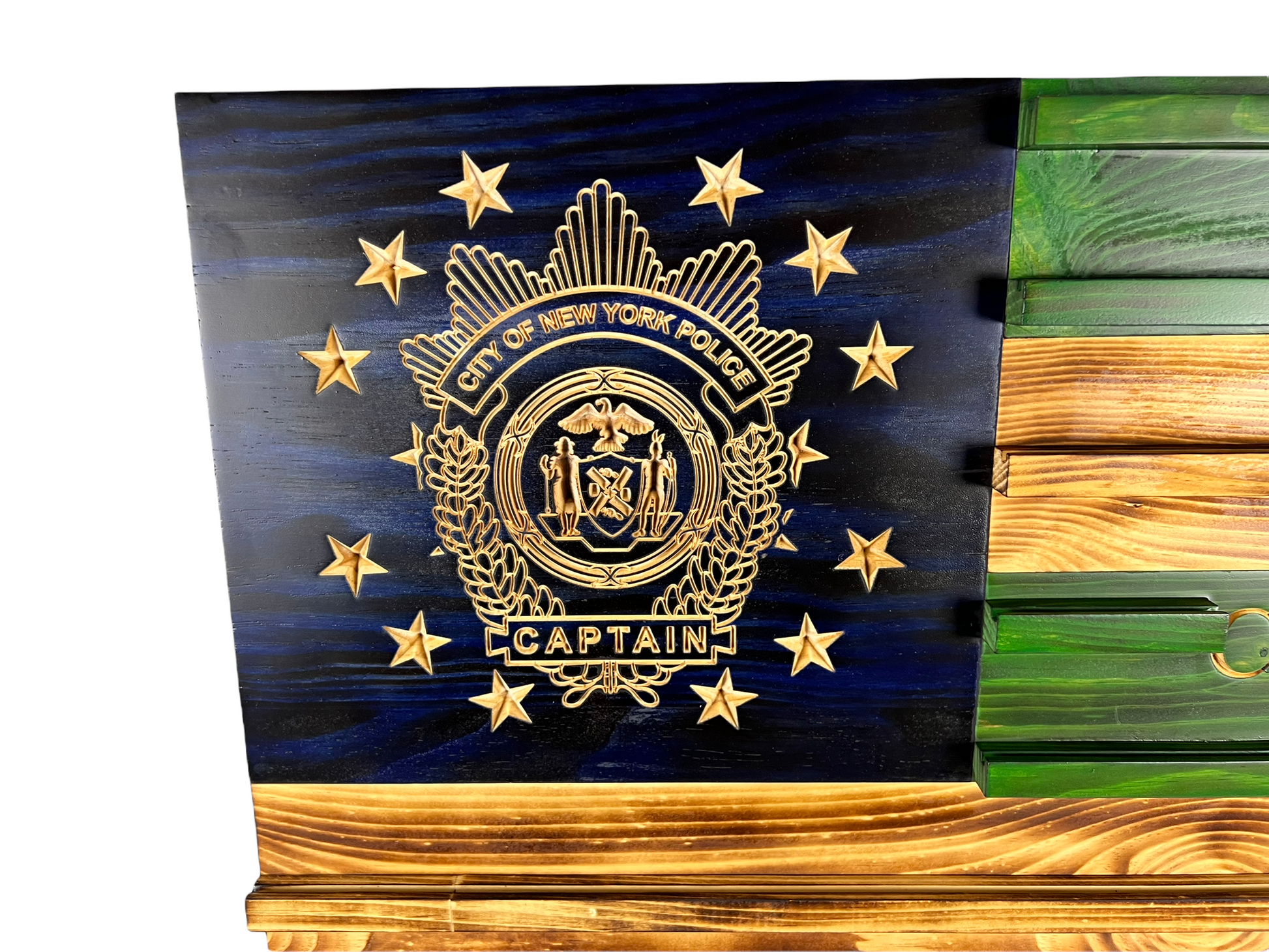 Rustic NYPD wooden flag challenge coin display for precinct office man cave or wall decor
