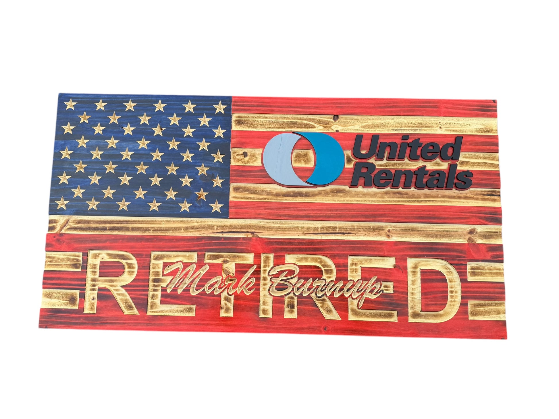 red white and blue wooden american flag with retired engraving and custom logo