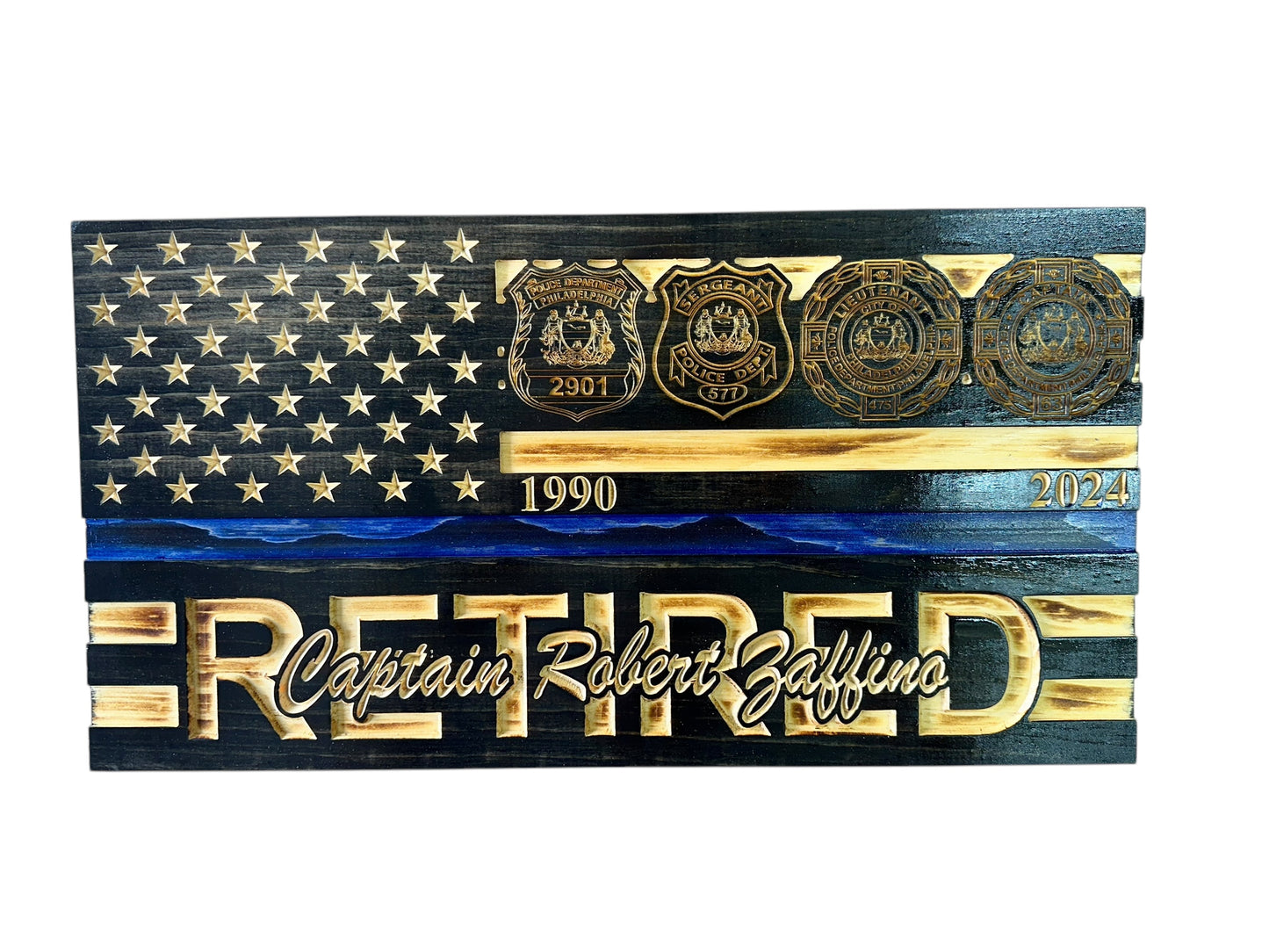 wooden thin blue line american flag with multiple custom badges and personalization engraving