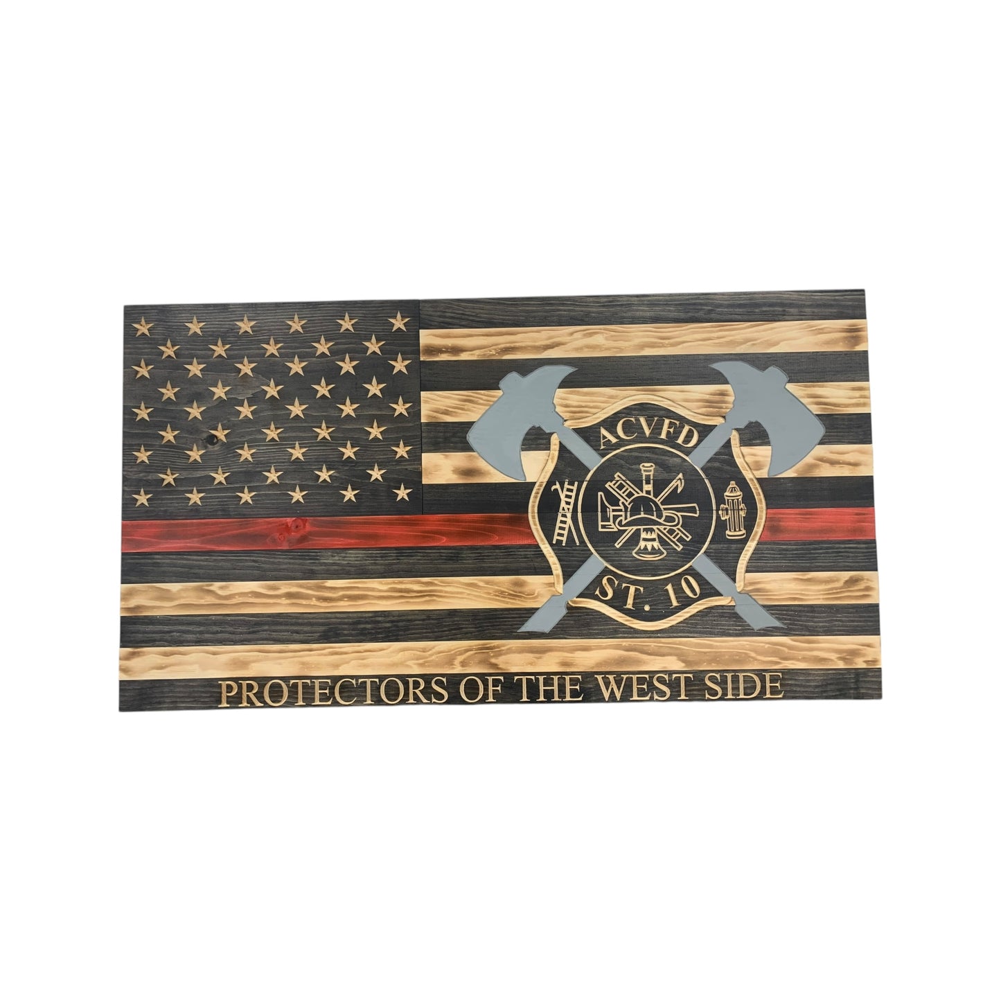 thin red line american wooden flag with engraved Maltese cross, firefighter axes and personalization