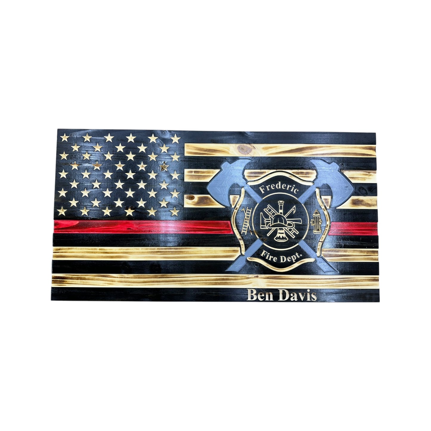 thin red line american wooden flag with engraved Maltese cross, firefighter axes and personalization