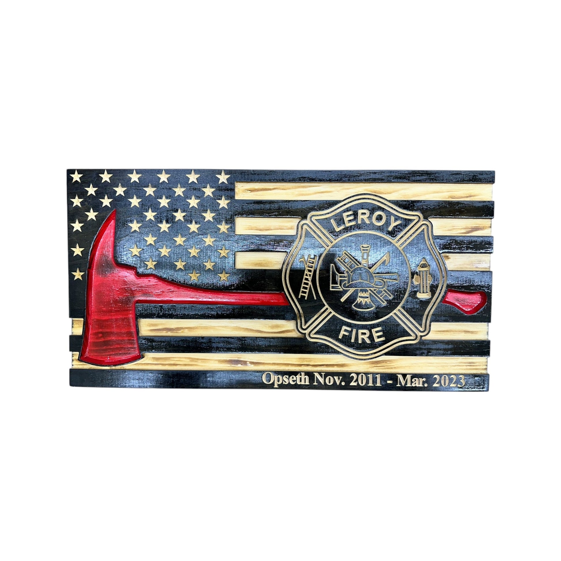 thin red line american wooden flag with firefighter axe and custom maltese cross