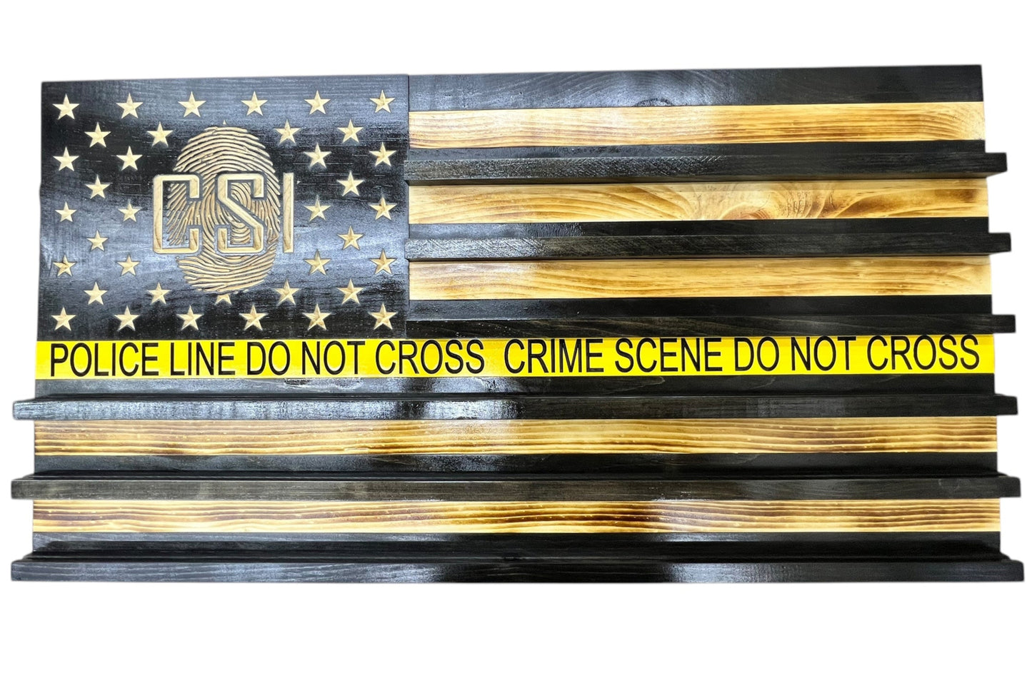 american wooden challenge coin display flag with CSI logo in the stars with finger print and police line do not cross inscription the middle yellow stripe