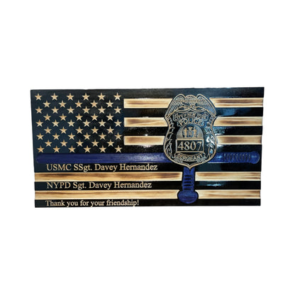 thin blue line american flag with police baton and custom police shield with personalization engraved