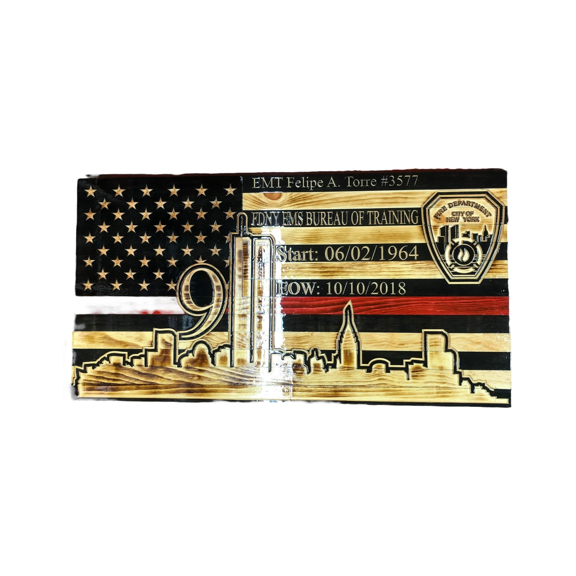 wooden american flag with nyc skyline and 9/11 twin towers thin red line