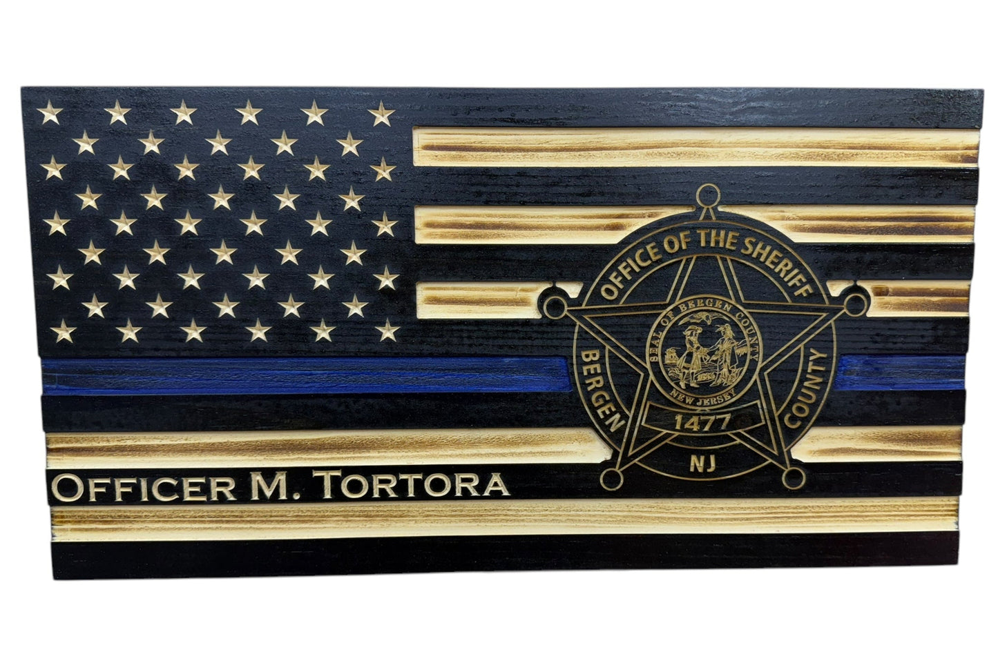 thin blue line american wooden flag with custom police badge engraving and personalization