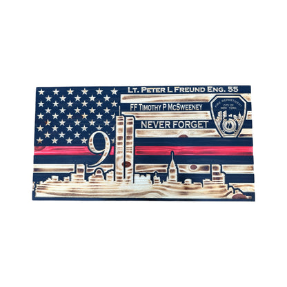 wooden american flag with nyc skyline and 9/11 twin towers thin red line