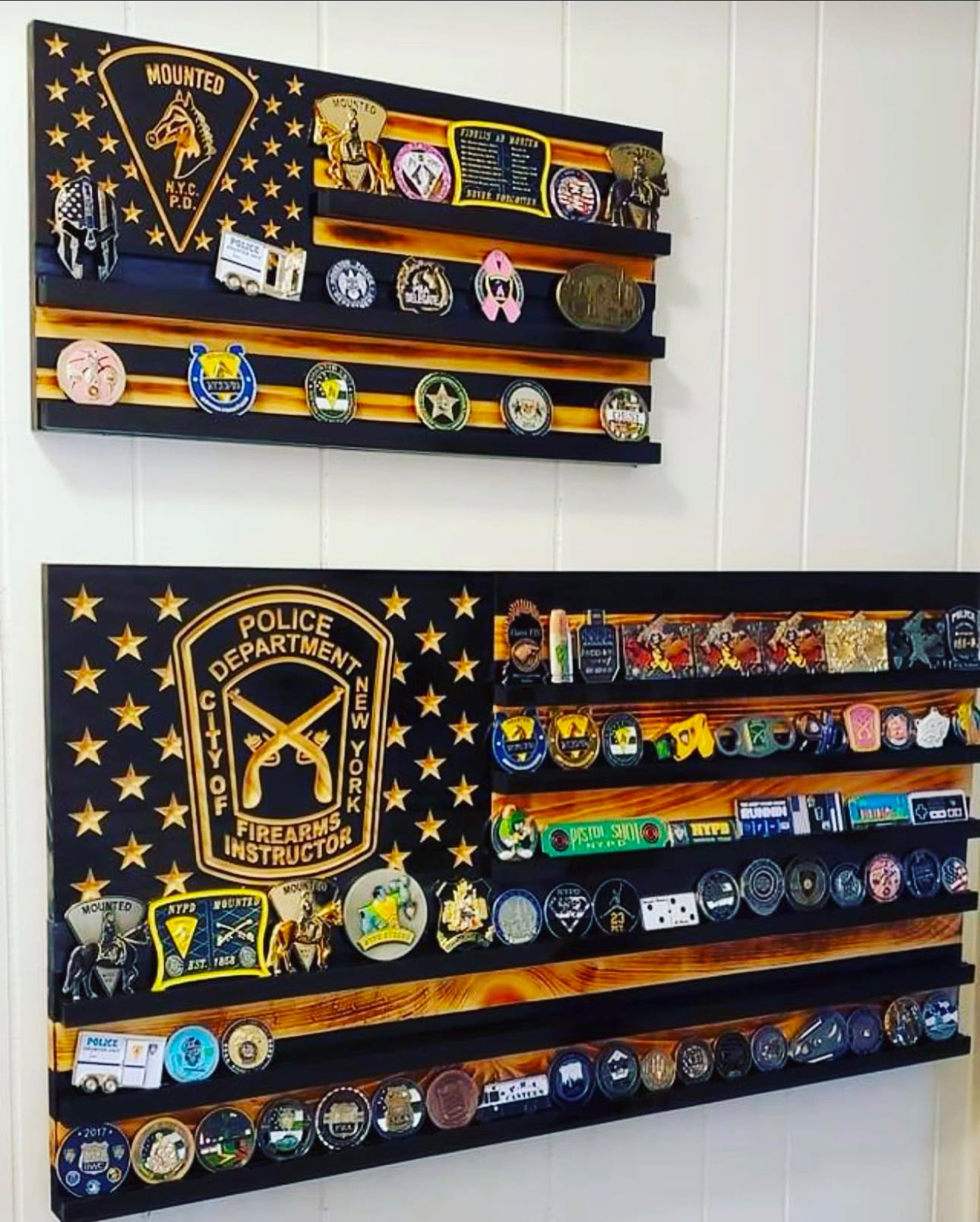 two challenge coin american display flags filled with challenge coins