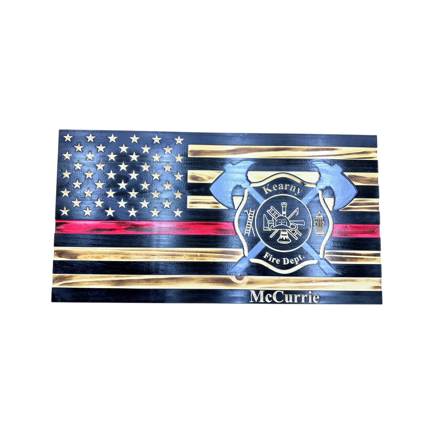 thin red line american wooden flag with engraved Maltese cross, firefighter axes and personalization