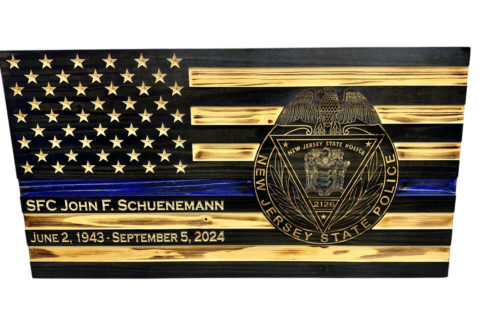 thin blue line american wooden flag with custom police badge engraving and personalization