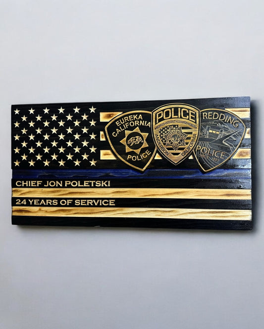 Custom Thin Blue Line Flag with Engraved Badges and Personalized Details