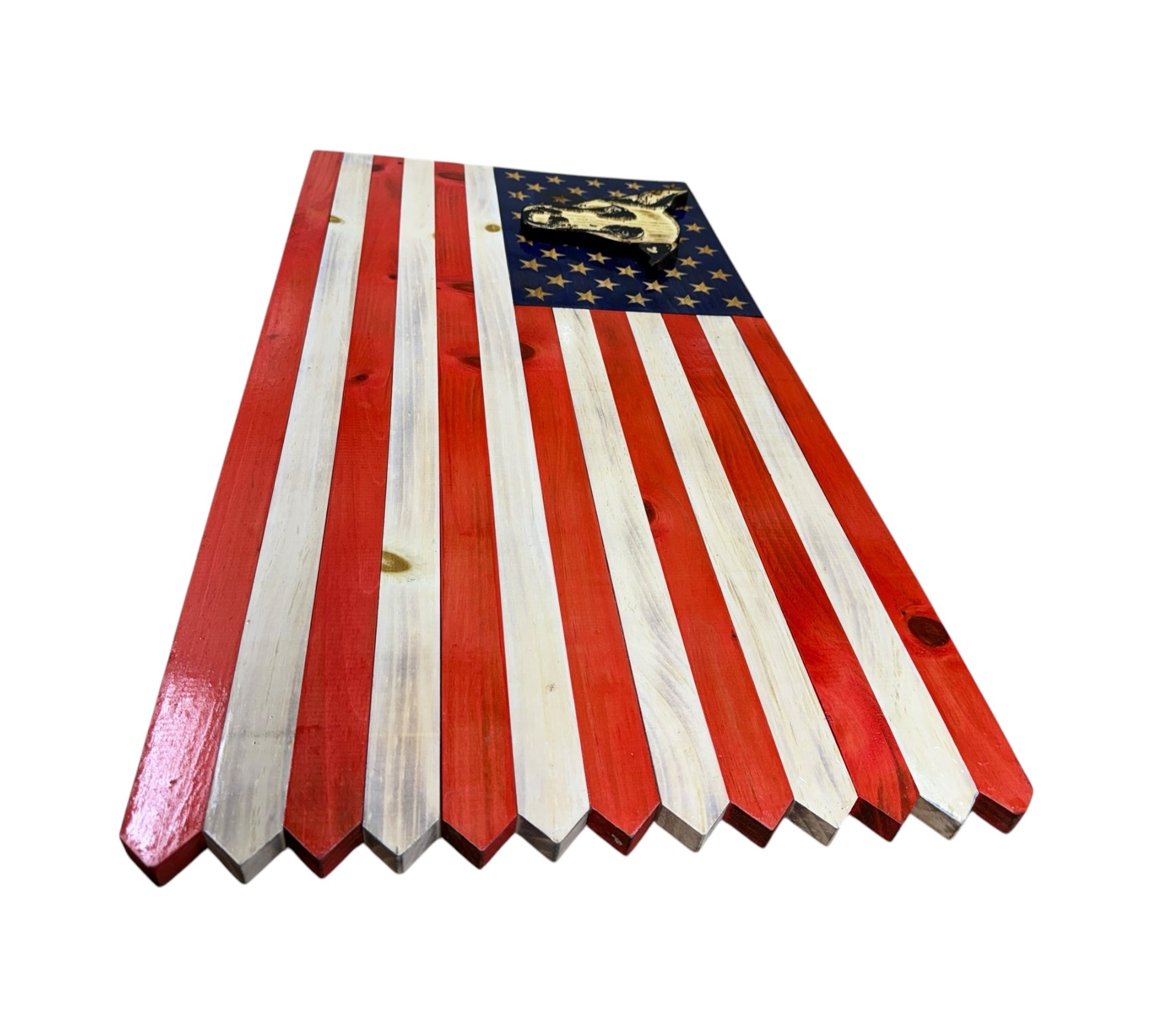 wooden american flag with picket fence edge and engraved personalization and a custom engraving of a dog