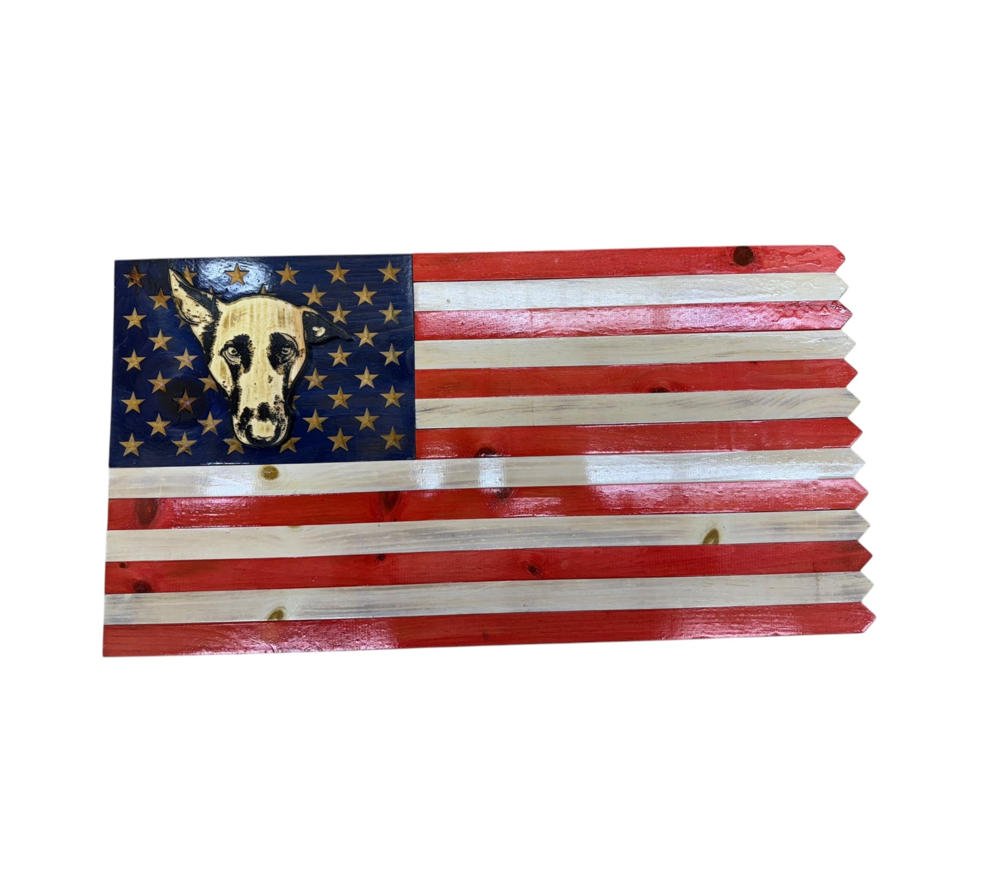 wooden american flag with picket fence edge and engraved personalization and custom engraving of a dog