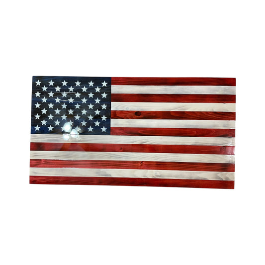 red white and blue american flag covered in epoxy