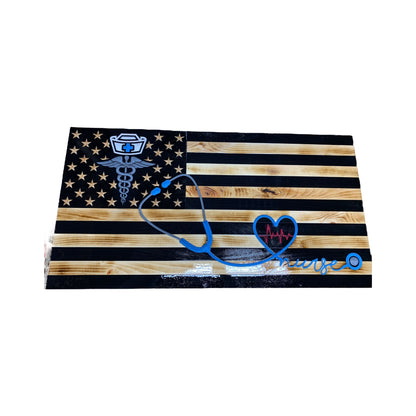 wooden american flag with caduceus and stethoscope engraving for a nurse or doctor