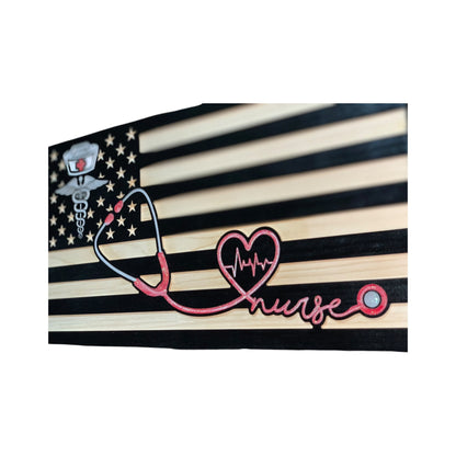 wooden american flag with caduceus and stethoscope engraving