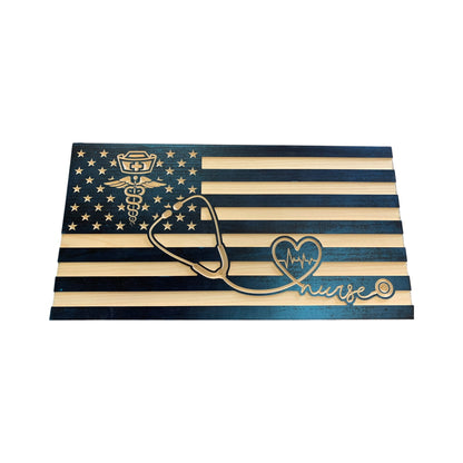 wooden american flag with caduceus and stethoscope engraving