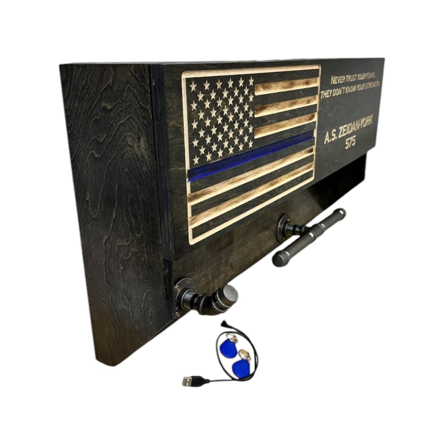 Police Gear Rack with RF ID lock with Concealment Compartment, Duty Rack, Thin Blue Line Flag, Police Gear Caddy, Gear Holder Duty Gear Rack