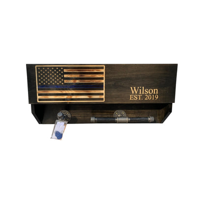 custom police gear rack with thin blue line american flag and personalization engraving