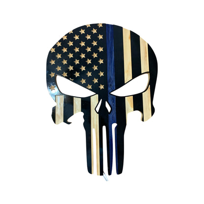 Wooden Punisher Thin Blue Line Flag with LED Backlighting