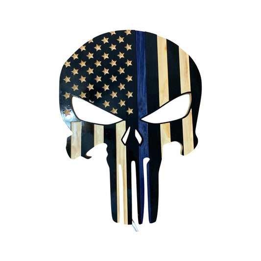 Punisher LED thin blue line American flag wood wall art, Marvel, DC universe, emergency services