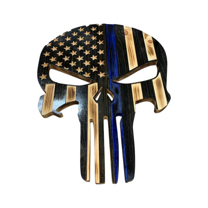 Wooden Punisher Thin Blue Line Flag with LED Backlighting