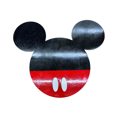 wooden mickey head silhouette with led lights and red bottom with buttons