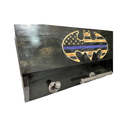 custom police gear rack with thin blue line american flag and personalization engraving withg the concealment compartment open