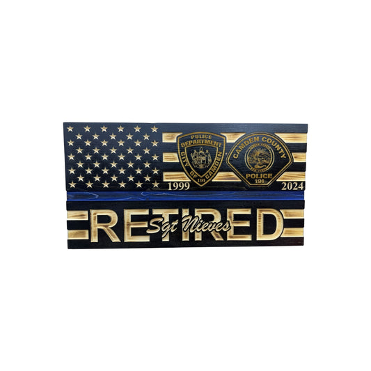 wooden american thin blue line flag with custom engraved badges and personalization