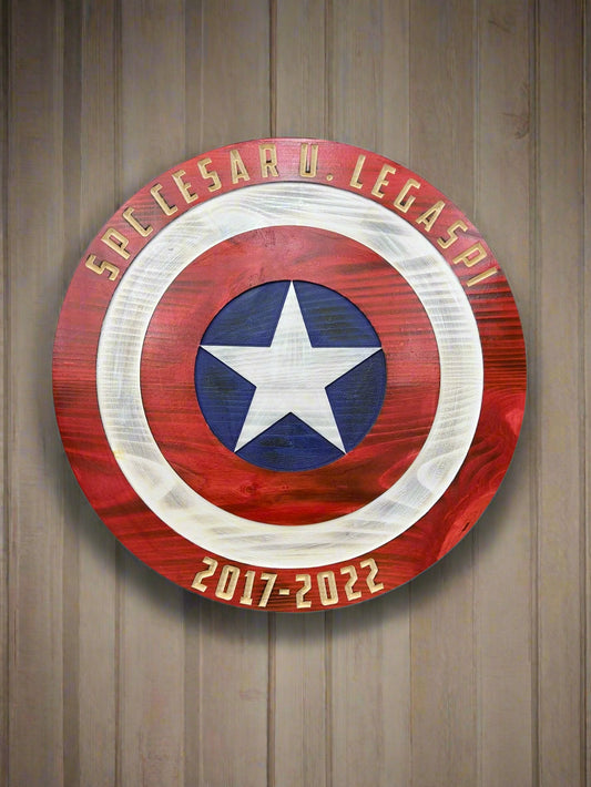 wooden captain america shield with a personalized engraving