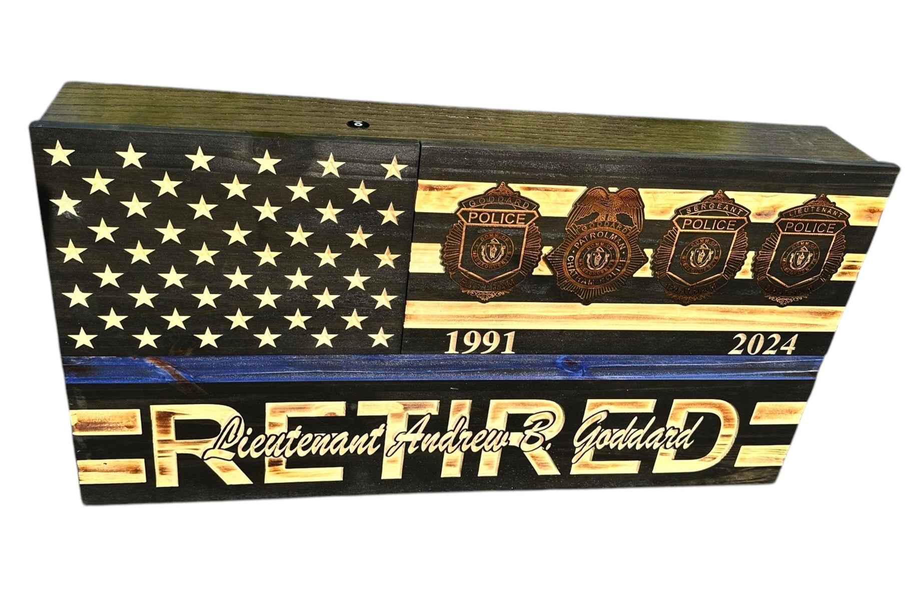 top side view of american blue line flag with concealment compartment 