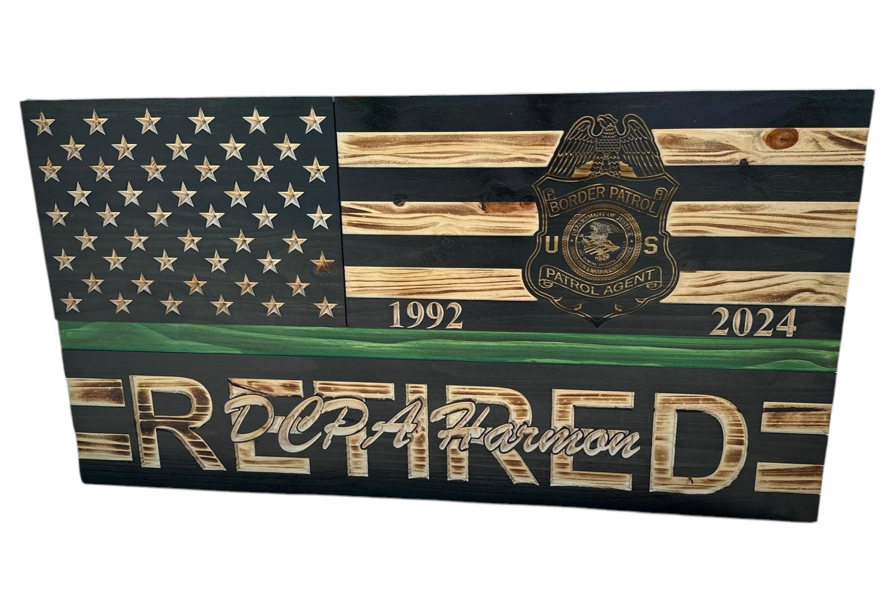 custom wooden american flag with a concealment compartment, custom engraved badge and personalization