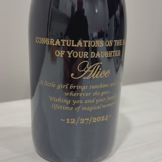 wine bottle with a custom laser engraved personalized message gift