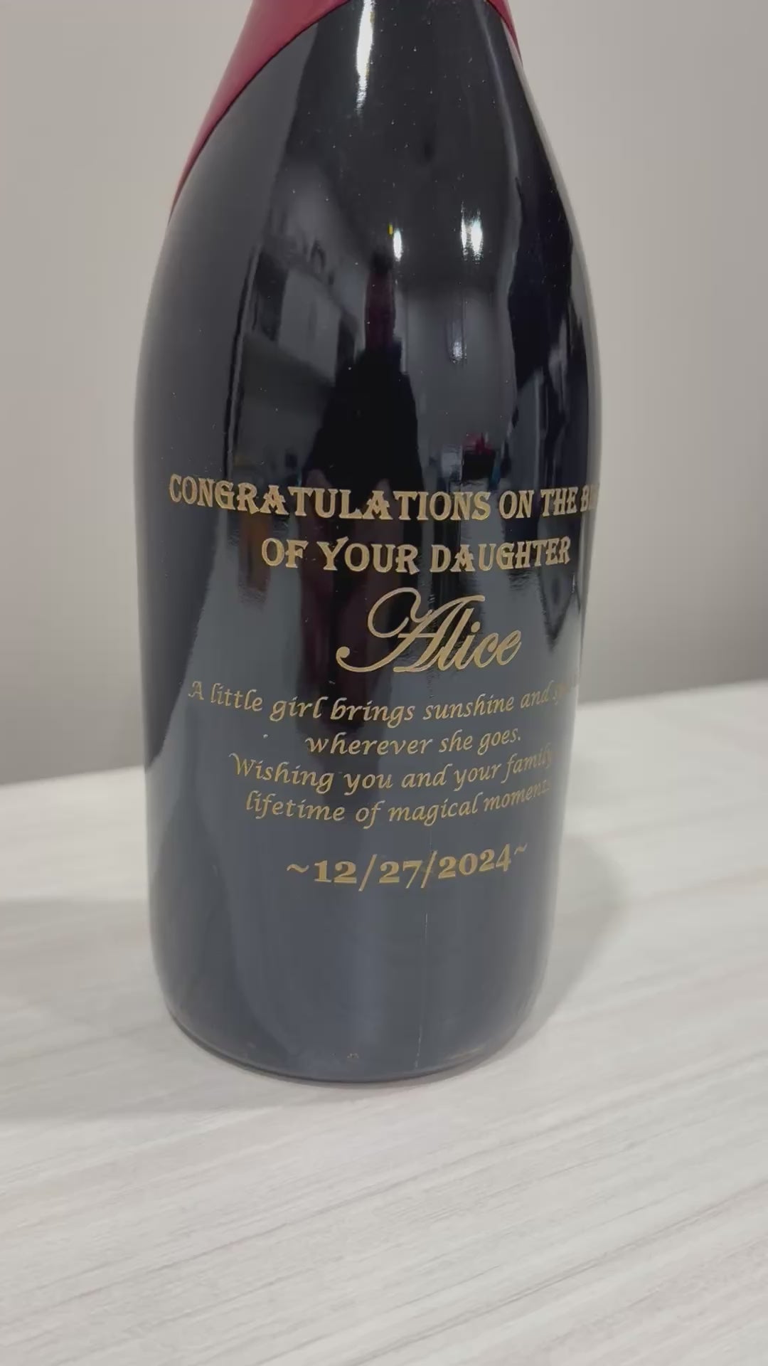 wine bottle with a custom laser engraved personalized message gift